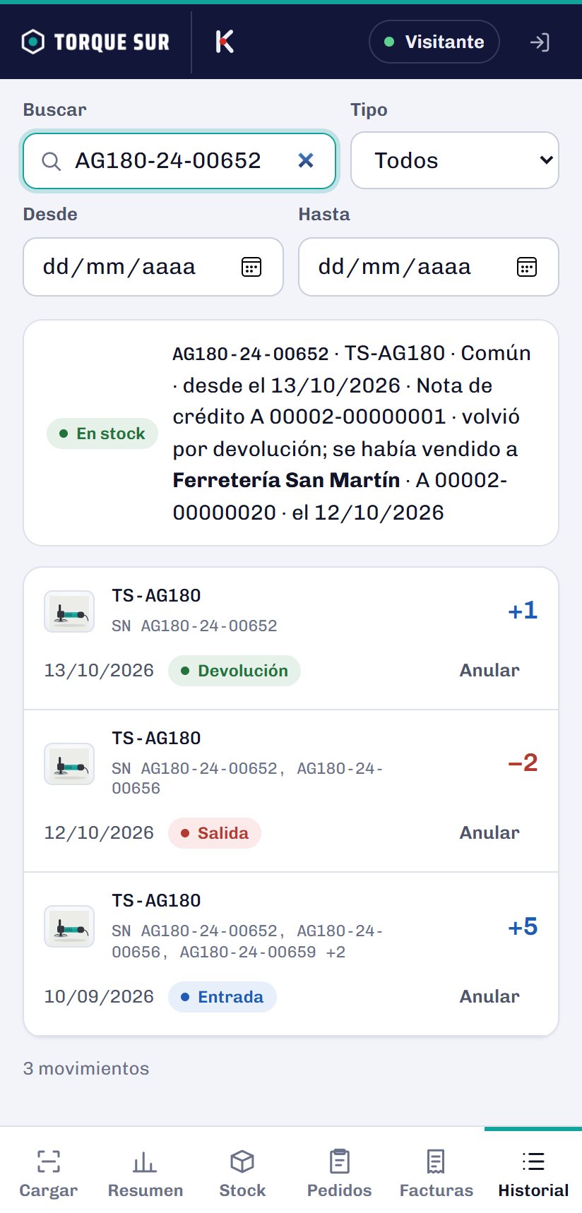 Un número de serie buscado desde el celular: está en stock porque volvió de una consignación.