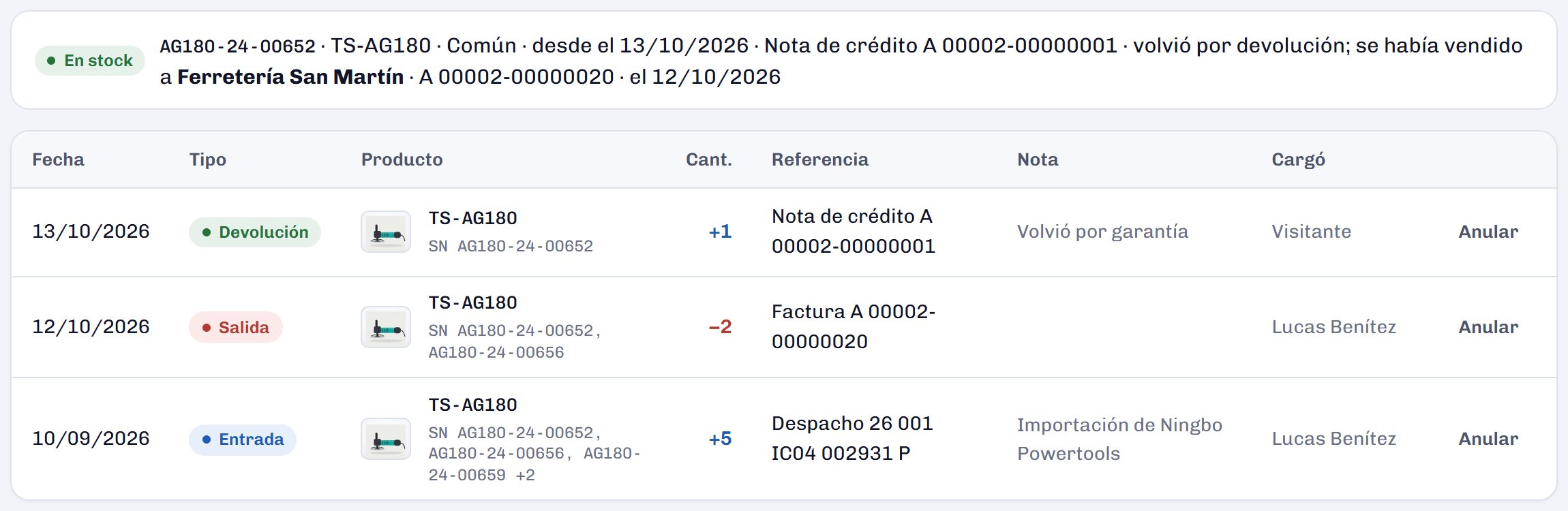 Una amoladora buscada por su número de serie: está en stock porque volvió de una consignación; entró con un despacho, salió en consignación y volvió.